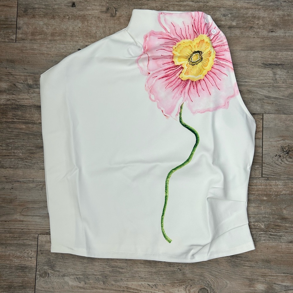 Uoozee Asymmetrical White Sleeveless Top with Pink & Yellow Floral Detail-Small
